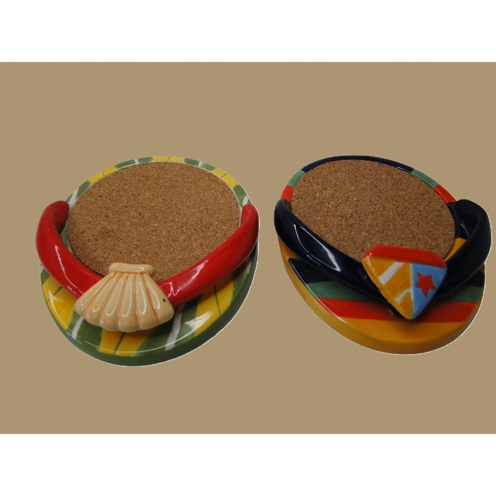 Flip Flop Beach Themed Ceramic Coasters Sailboat & Shell Set of 2